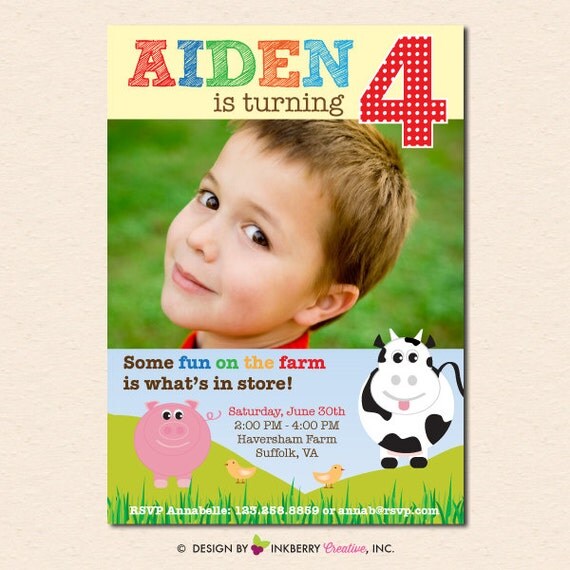Fun on the Farm - Birthday Party Photo Invitation (Digital File - Printed Cards Also Available) Il_570xn