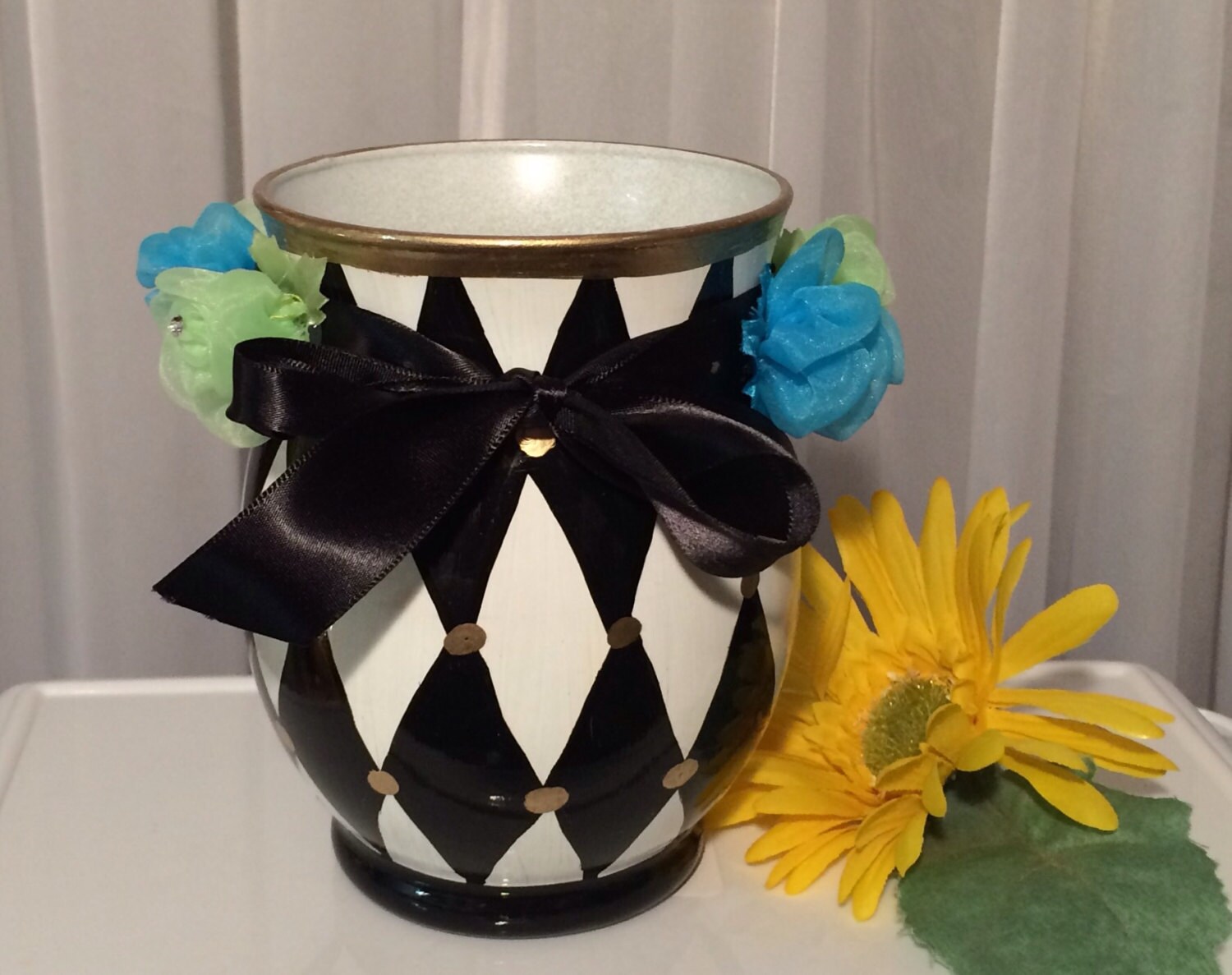 Painted glass vase black and white by MicheleSpragueDesign on Etsy