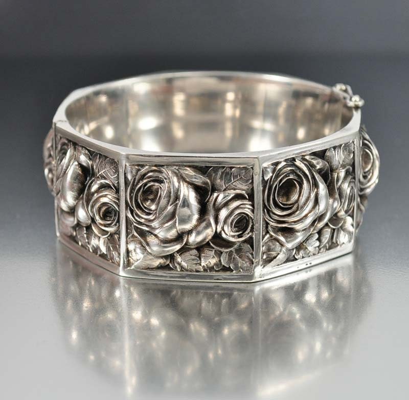 Portugal Sterling Silver Art Deco Bangle Bracelet Cabbage