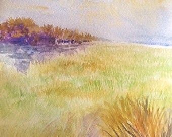 Watercolor, Original Landscape Painting, Spring Meadow, 9"x12"