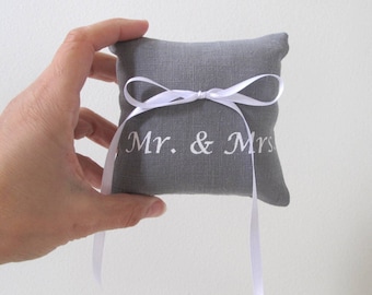 Wedding Ring Bearer Pillow 4 x 4 inches - Mr and Mrs design - Choose your fabric and ink color