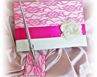 Hot pink lace wedding guest book and pen set.