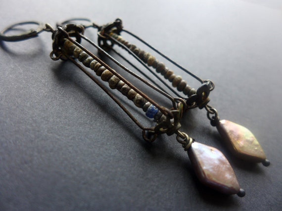 Djenné. Ancient beads in caged earrings with cultured pearls.