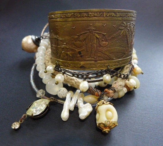 Beach Sand. Bangle stack. Rustic tribal gypsy bracelet set with cuff in white and beige.