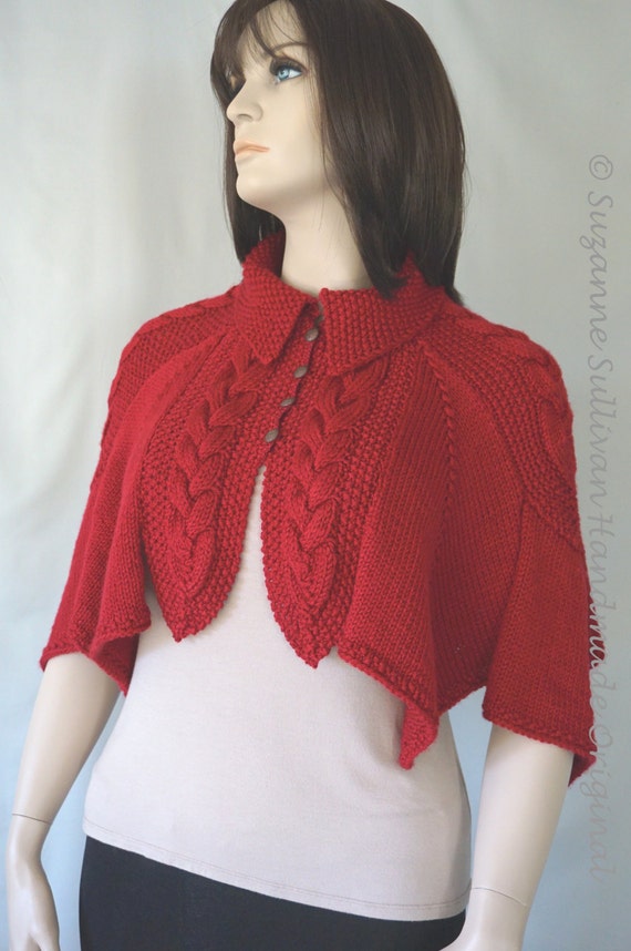 Fun and Flirty Deep Red Cape, Cable and Diamond Cape, Hand Knitted Woman's Deep Red Cape, Versatile Womans Knit Cape