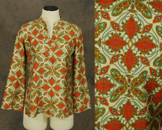 vintage 70s Silk Shirt Orange Paisley Tunic Top Boho Silk