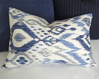 Blue Ikat Lumbar Pillows, 12x18, 12x20, 14x20, Blue White Grey Accent Pillow Covers, Cream White Coastal Pillows, Beach House Decor