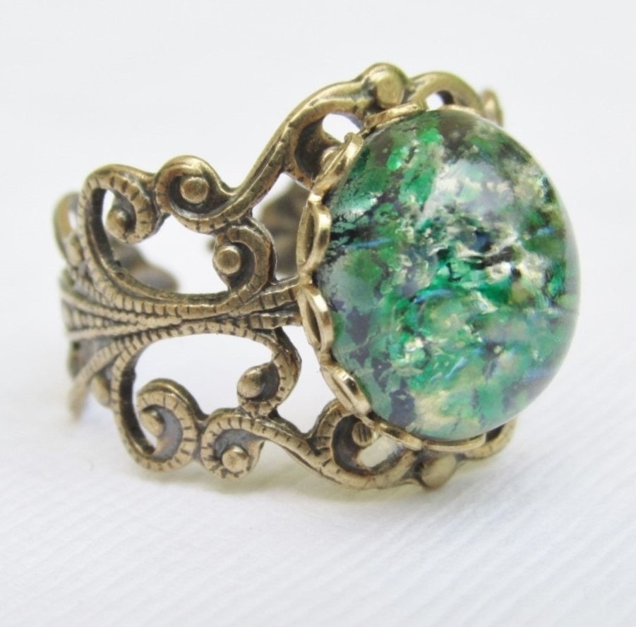 Emerald Green Opal Ring Rare Vintage Glass Opal Brass