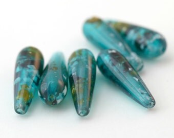 Vintage Teal Green Confetti Lucite Drop Teardrop Beads 30mm (6)