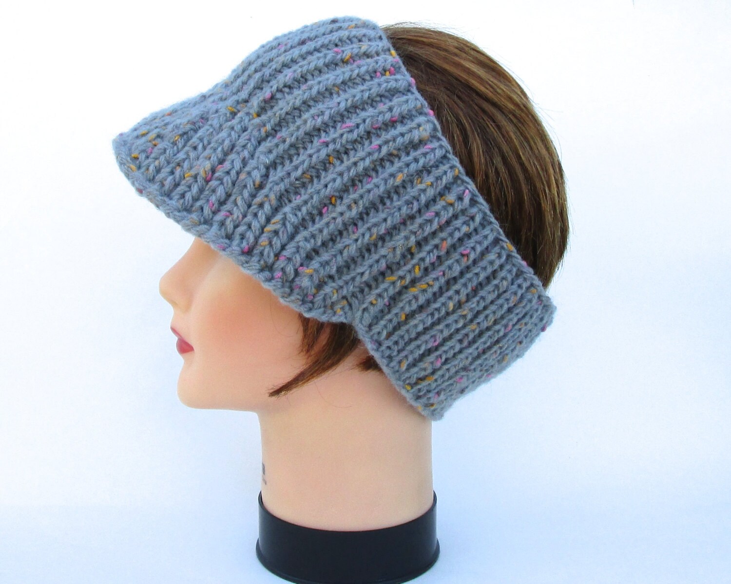 Knit Sun Visor Pewter Headband With Brim Wool Blend