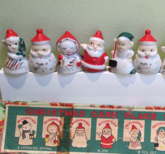 Place Card Holders 9 Vintage Christmas Figurines Japan Porcelain Party Table Name Plates Santa Snowmen Angel Figures Original Box Red Green