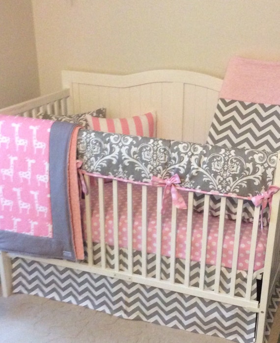 Baby Girl Crib Bedding Set Pink and Gray Giraffes Damask