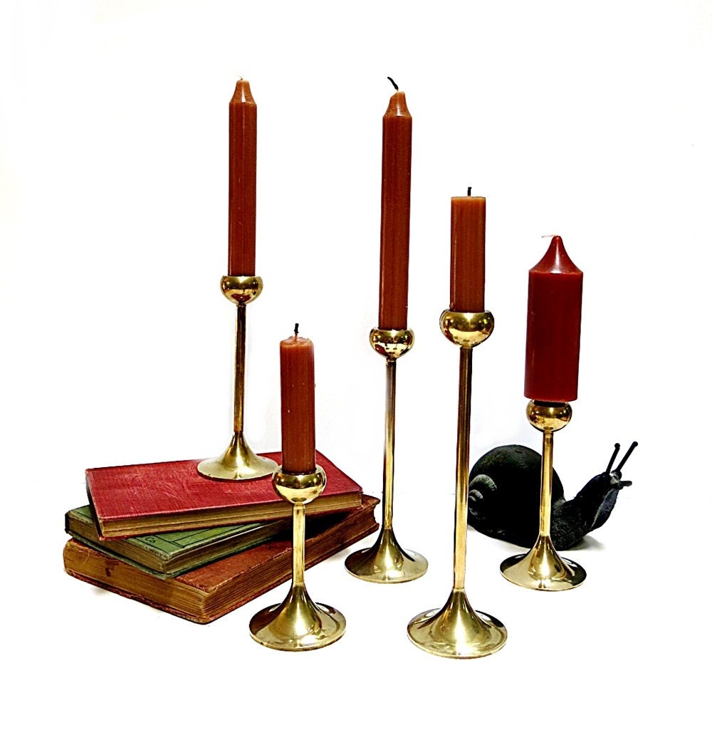 Mid Century Set of Brass Candle Holders Danish Modern Style
