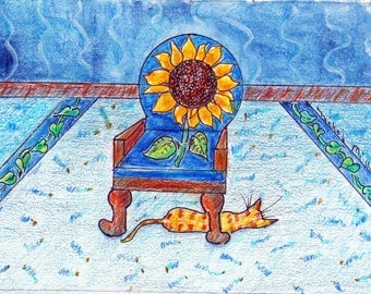 Tabby Kitty Under Sunflower Chair