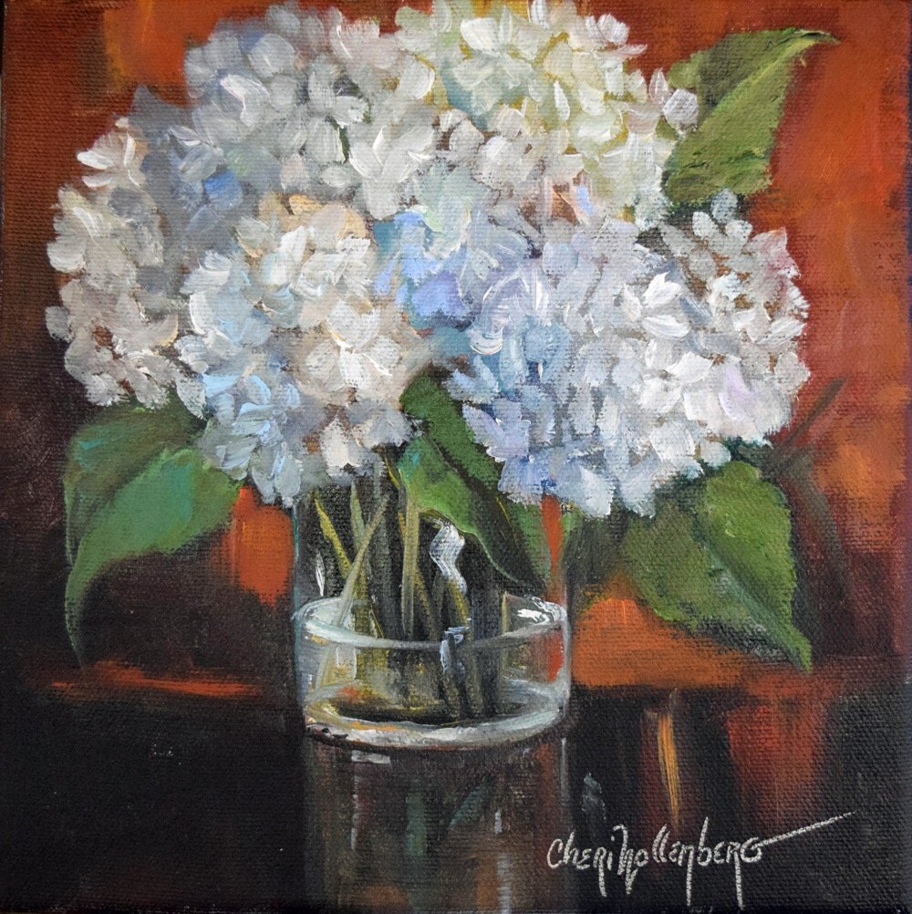 Floral Still Life Painting White Hydrangeas In Clear Glass