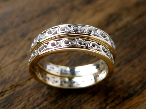 Fine Scroll Wedding Rings in Two Toned 14K White by SlowackJewelry