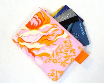 Clearance SALE Hello Roses Fabric Business Card Case Coin Purse Zippered Credit Card Case Womens Wallet Floral Heather Bailey Orange Pink