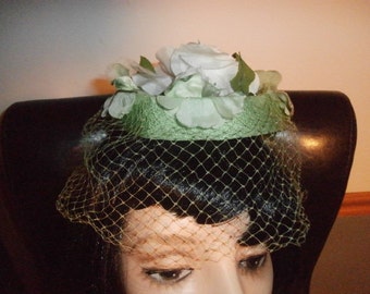 Womens Pillbox Hat Green Floral MILLINERY Cocktail Hat Womens Vintage Pill box Hat