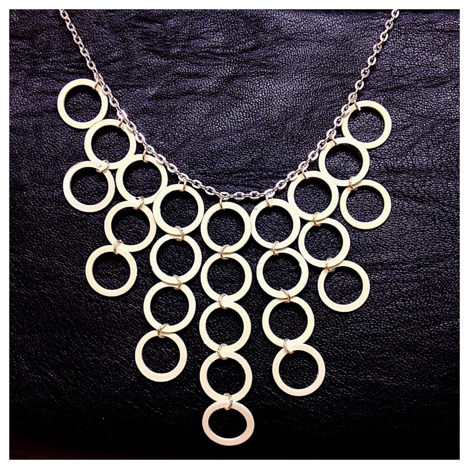 Antiqued White Enameled Circle Link Bib Necklace