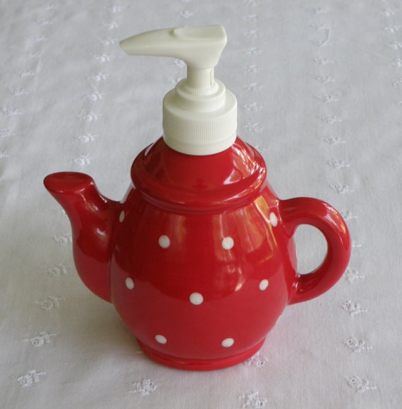 Teapot Soap Pump/Dispenser Red With White Polka Dots USA