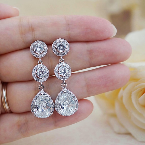 Luxury cubic zirconia Bridal Earrings Dangle Earrings Halo