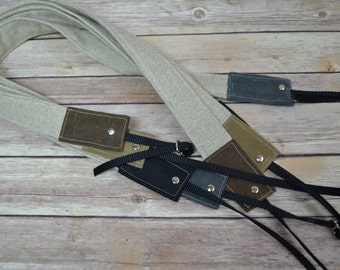 French Linen, Waxed Canvas Camera Strap by Darby Mack DSLR photography gear, Grey, Black, Tan & Stone / natural minimalist