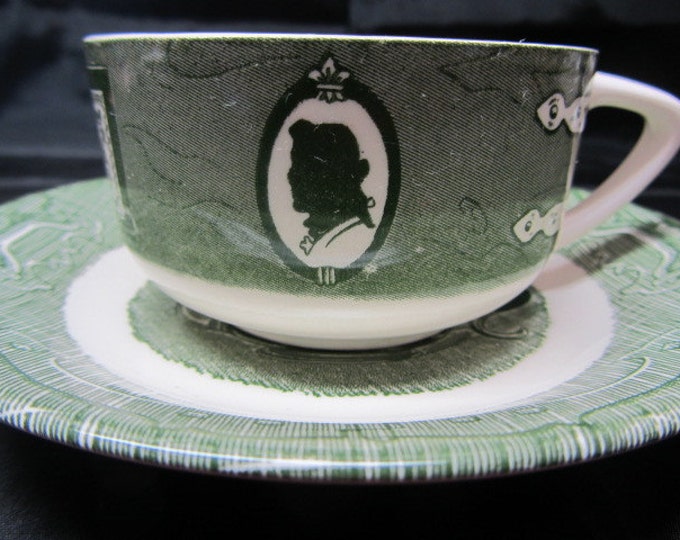 Colonial Homestead-Green Cup and Saucer Set, Farmhouse Cup and Saucer, Homestead Cup and Saucer, Green and White Gift Set, China Cup Saucer