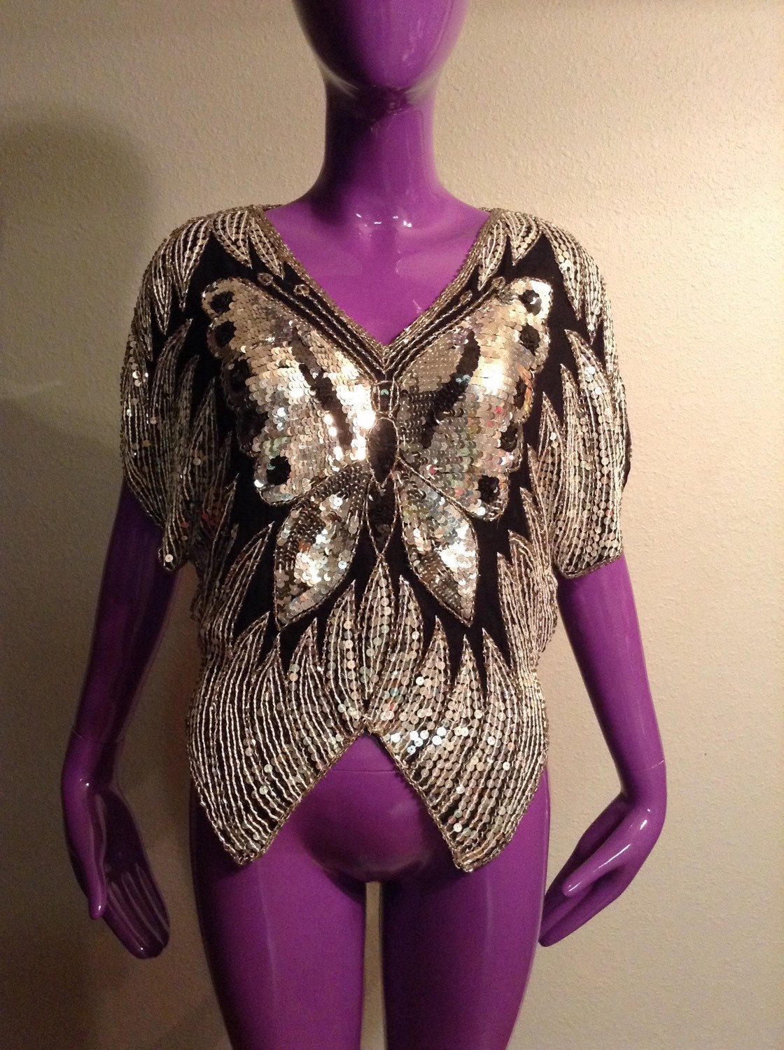 70s 80s Silver Sequin Top Disco Glam Shirt Slouchy Butterfly