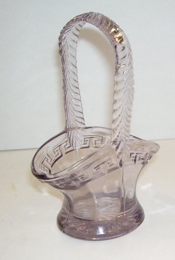 Small High Handle Glass Basket with Greek Design around the