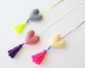 Sweet Heart Fabric Necklace - Cotton Heart Necklace with Tassel - Neon pink and yellow necklace - Fun Summer Fashion Girls