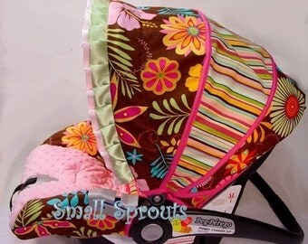 Graco Snugride 32/35/Safeseat Advantage Max 4/Brown and Pink Floral Stripe Infant Cover 5 piece set~Ready To Ship