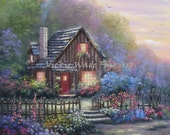 Cottage at Night Original Oil Painting 18X24, house, flowers, evening, beautiful country cabin paintings, canvas wall art, Vickie Wade Cottage at Night Original Oil Painting 18X24, house, flowers, evening, beautiful country cabin paintings, canvas wall art, Vickie Wade