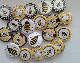Bee themed set of 20 1" or 1.25 inch bumble bee buttons pin flat back, hollowback or magnets