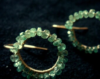 genuine zambian emerald, gold emerald earrings BEADED CIRCLE modern classic 1" gemstone emerald, 14k GF, may birthstone, minty green