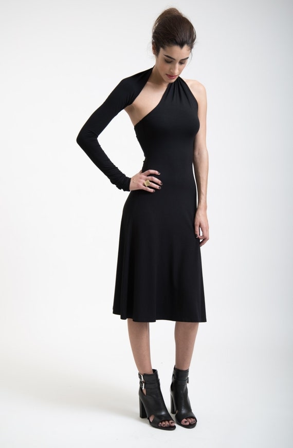 Women's Black Dress One Shoulder Sleeve A Line Midi Dress