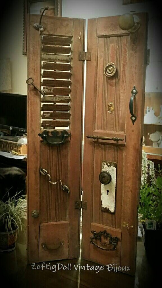 Antique Vintage shutter organizer with old hardware brass door Antique Vintage shutter organizer with old hardware brass door