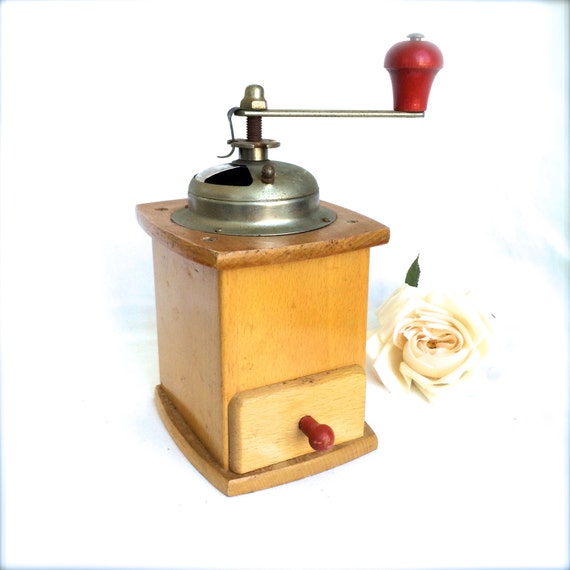 Vintage wooden Coffee Grinder West Germany Birch Wood with red