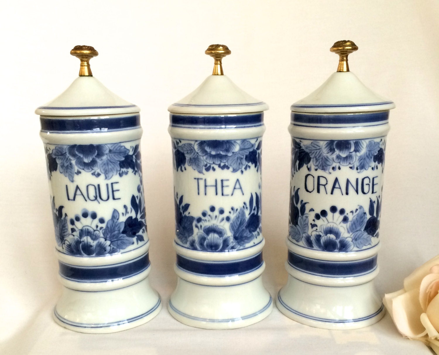 French Canisters blue and white ceramic jars with lids