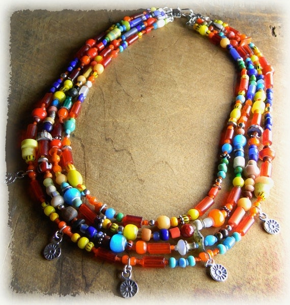 African Beaded Necklace Colorful Trade Beads by ChrysalisToo