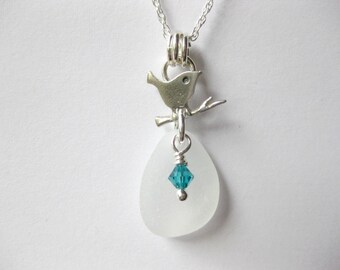 Bird Jewelry Bird necklace Sterling Silver Sea Glass Necklace And Bird - Beach Glass Jewelry Handmade, Custom Jewelry