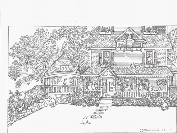 Adult Coloring Page , "House Of Cats" Instant Printable Download, pen