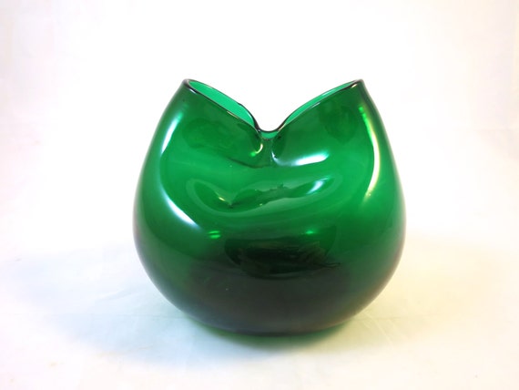 Vintage Blenko Pinch Vase Emerald Green Glass Round Pinched