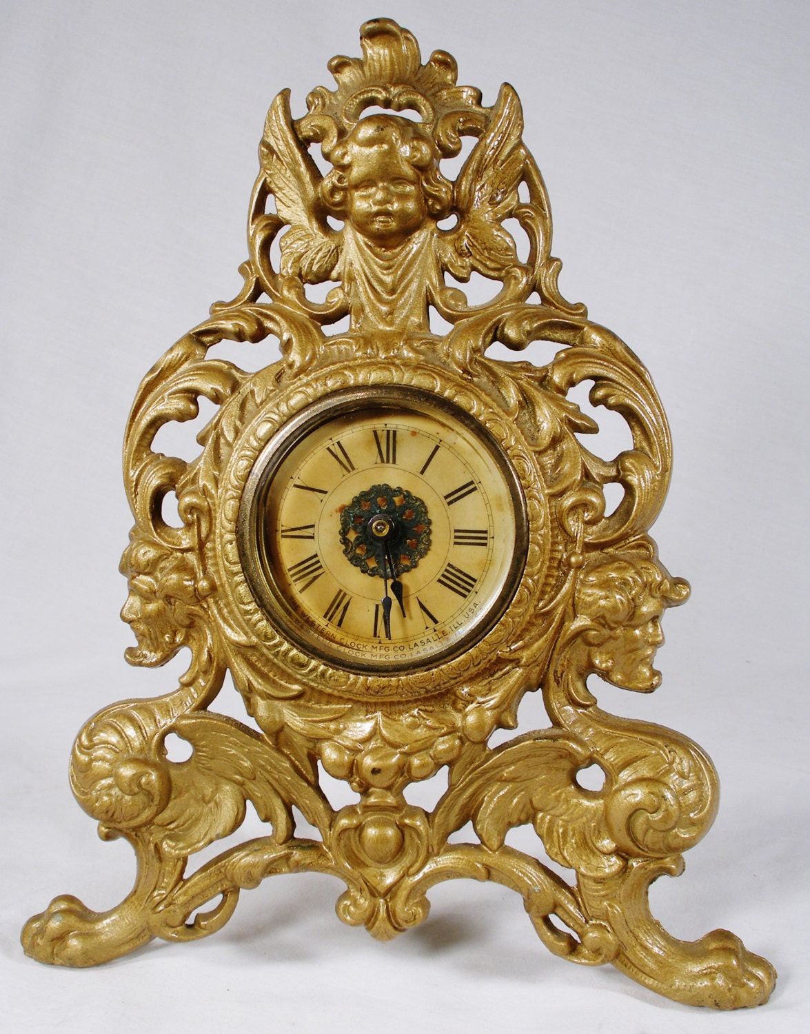 Vintage Victorian Clock wind up cherub griffins gold colored