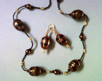 Maroon, Gold, Black and Brown Necklace and Earrings (0268)