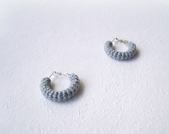 Pearl Grey Earrings, Mini Crochet Tube Hoops, 20 mm hoops, larva hoop earrings