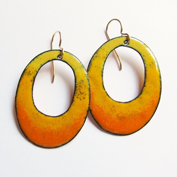 Yellow orange enamel hoop earrings Big oval boho dangles Gypsy