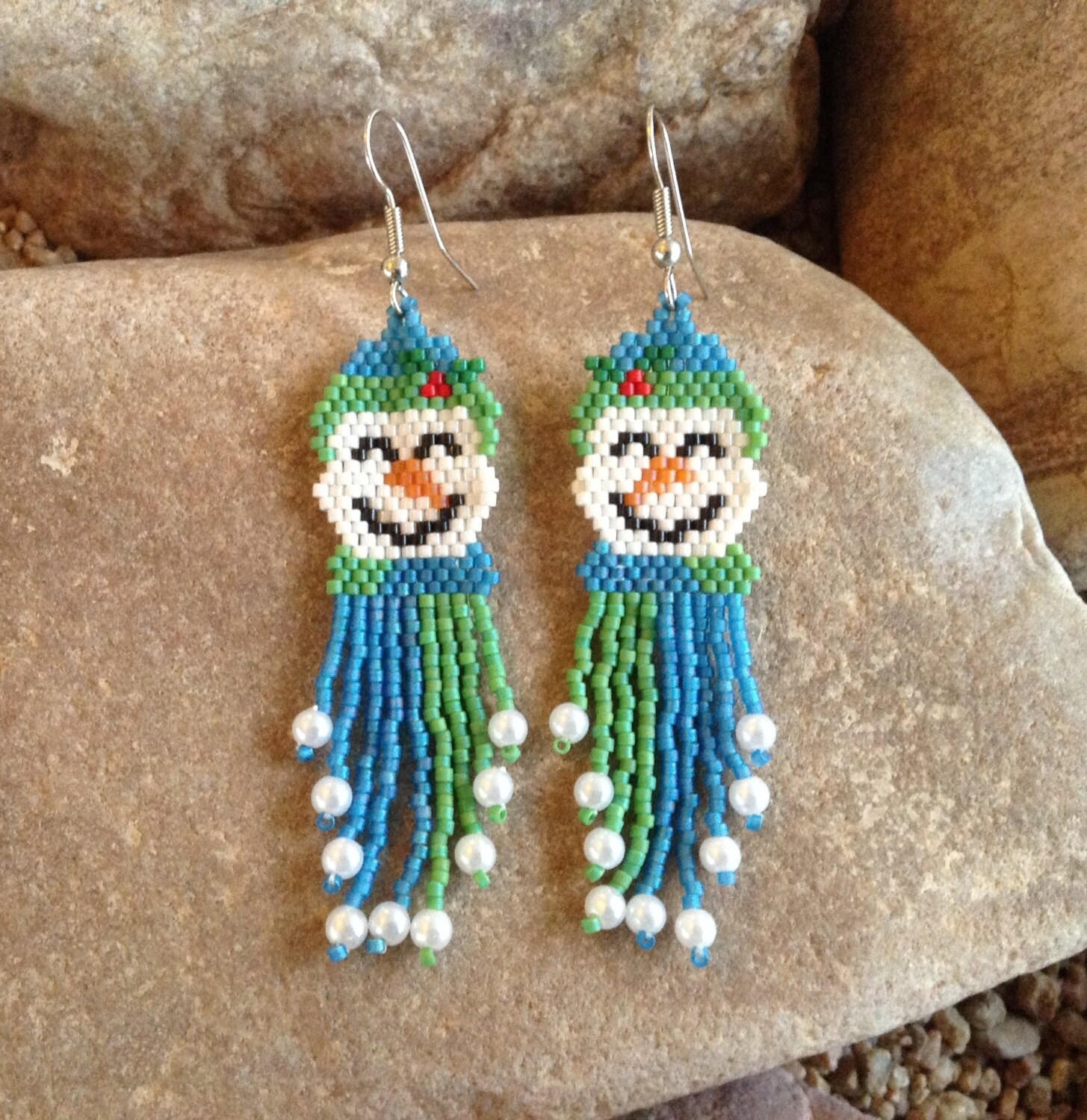 Snowman Face with Hat and Scarf Beaded Earrings with Fringe