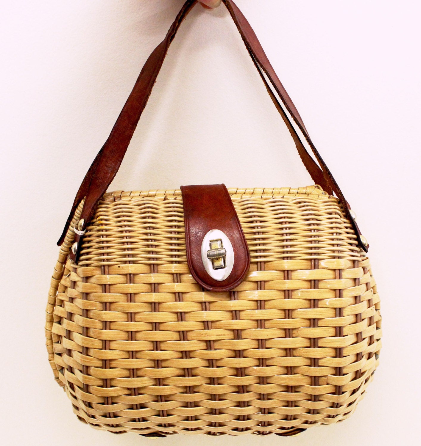 Vintage 1950s 60s Woven Cane Handbag Purse by KittysVintageKitsch