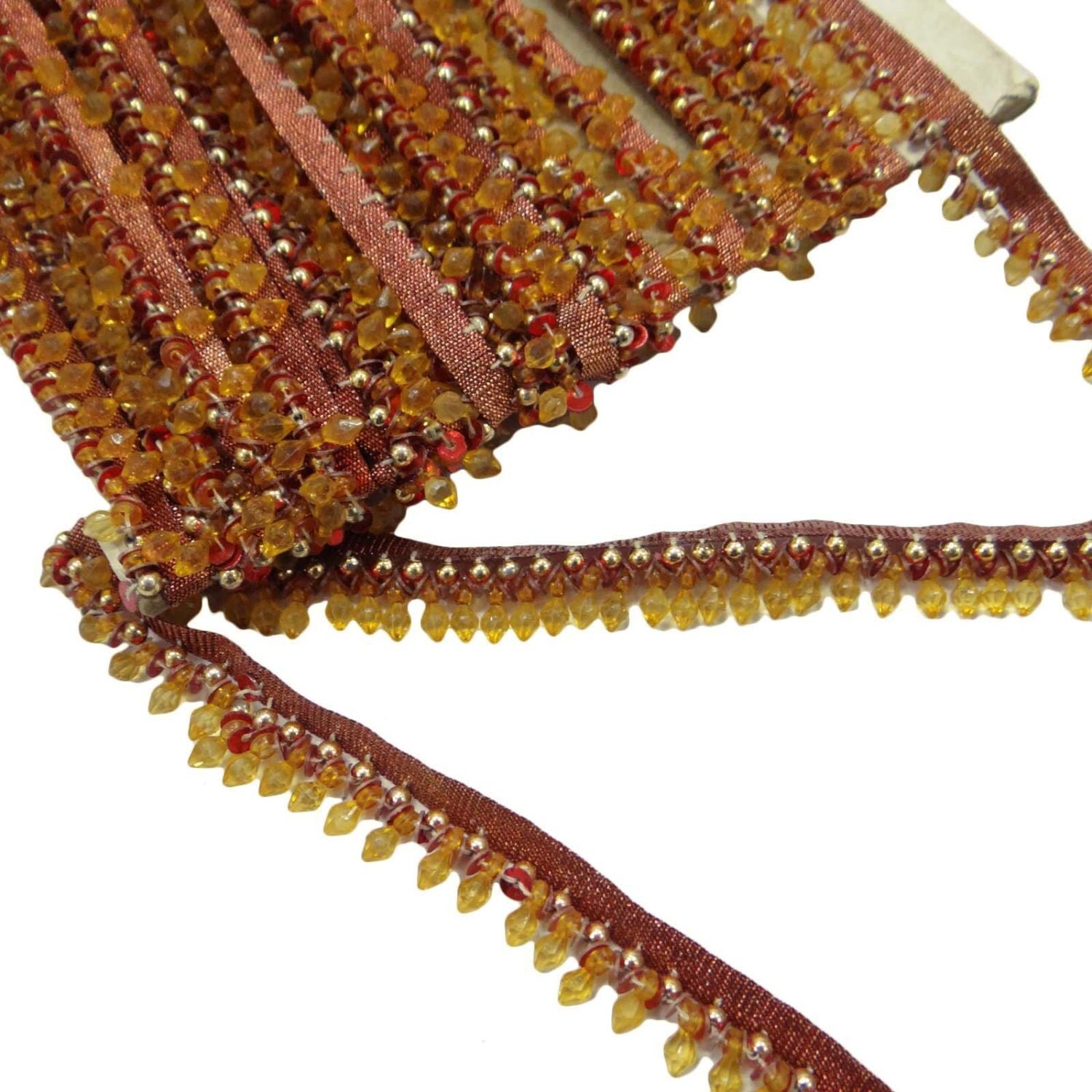 Handmade Yellow Acrylic Beaded Sequins Fringe Trim Lace Sewing