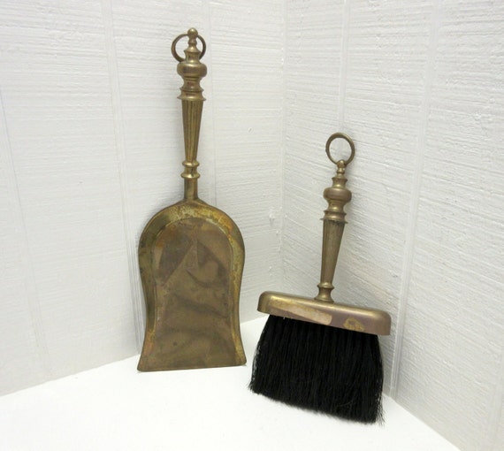 Vintage Brass Fireplace Dustpan / Shovel and Brush Set